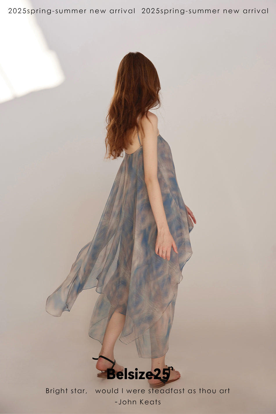 Lumen Printing Airy Blue Double-layered hem silk exclusive print resort dress
