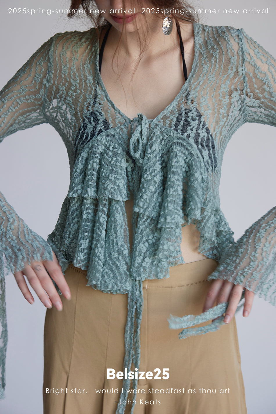Trumpet dress Flared sleeve knit lace sheer tie dress