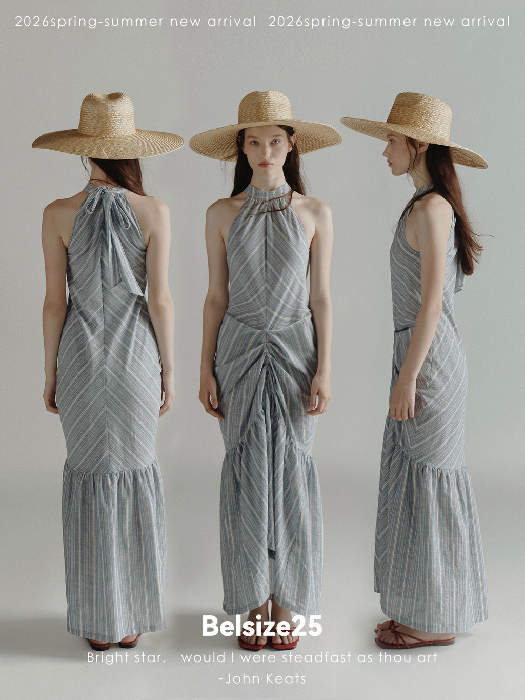 Blue Stripe Halter Neck Ruched Maxi Dress