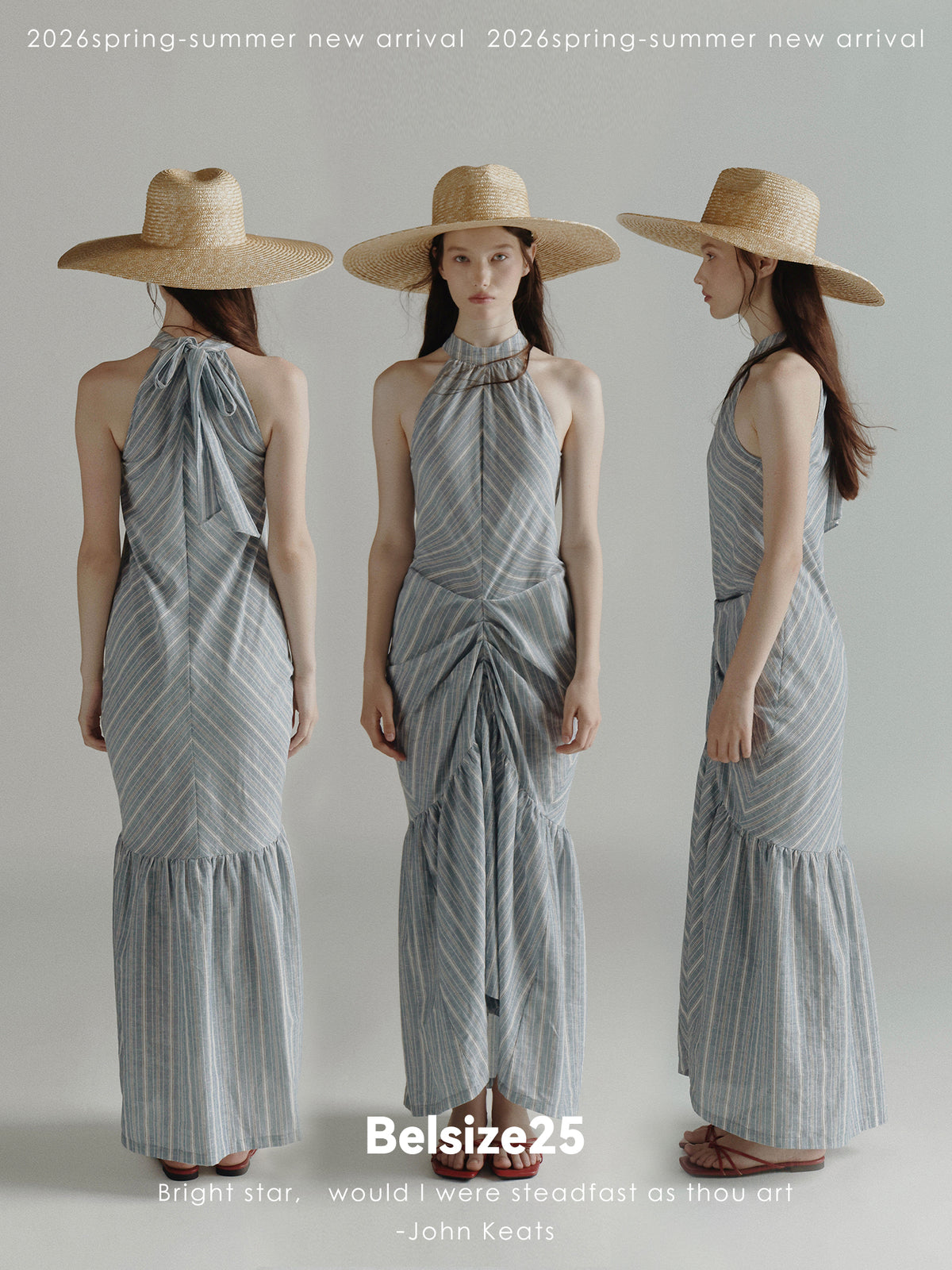 Blue Stripe Halter Neck Ruched Maxi Dress