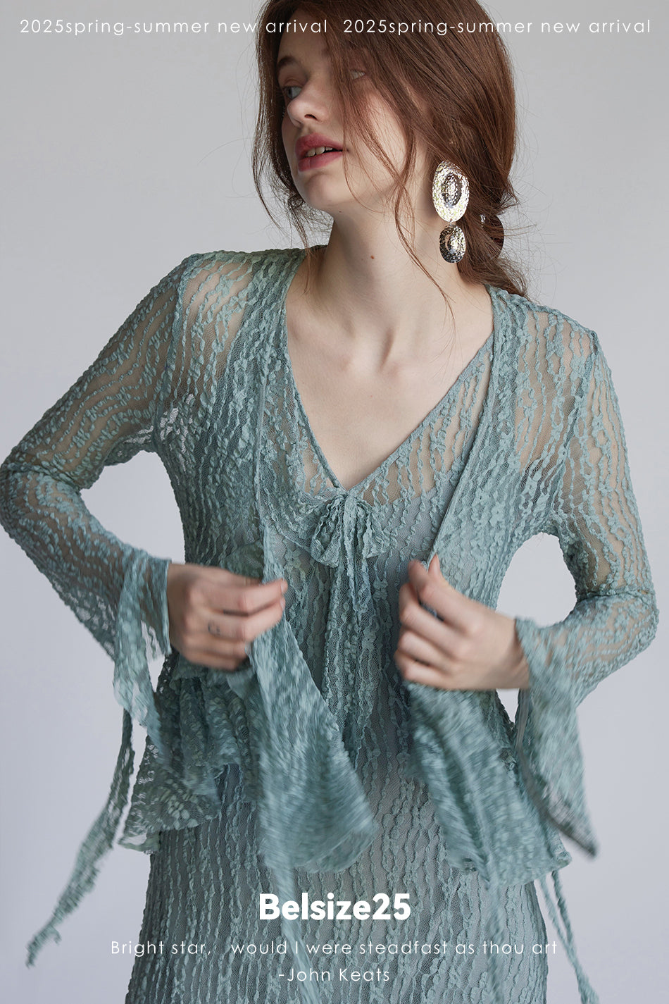 Trumpet dress Flared sleeve knit lace sheer tie dress