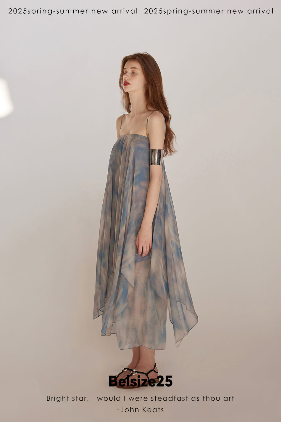 Lumen Printing Airy Blue Double-layered hem silk exclusive print resort dress