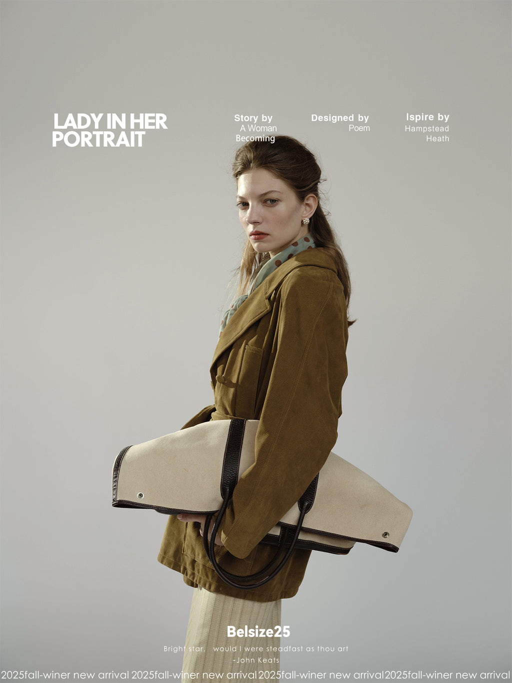 Pure goatskin hunting belted coat, pine cone green with a large lapel, soft and delicate texture.