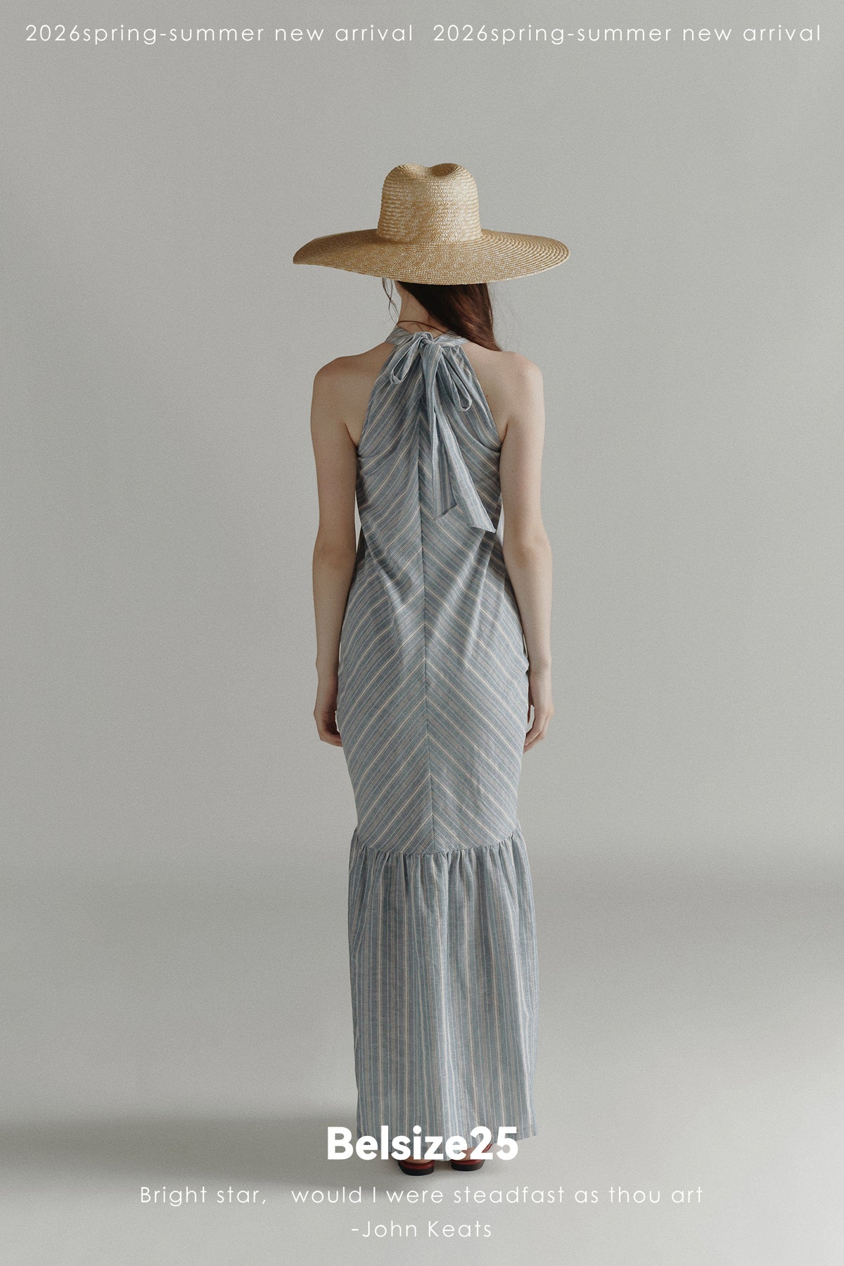 Blue Stripe Halter Neck Ruched Maxi Dress