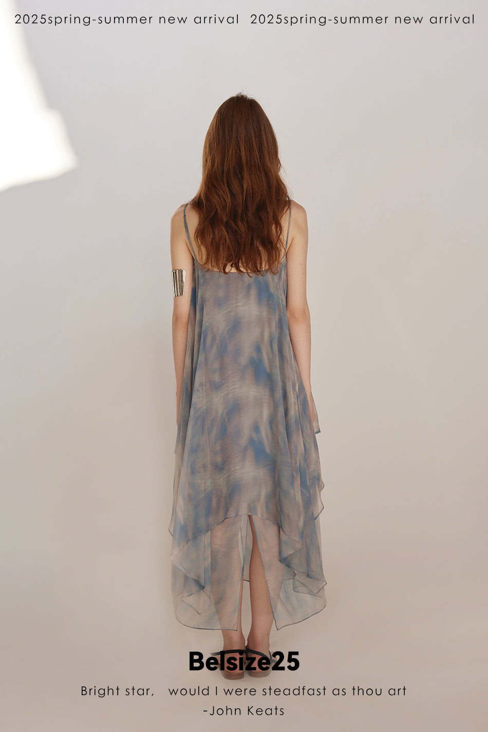 Lumen Printing Airy Blue Double-layered hem silk exclusive print resort dress
