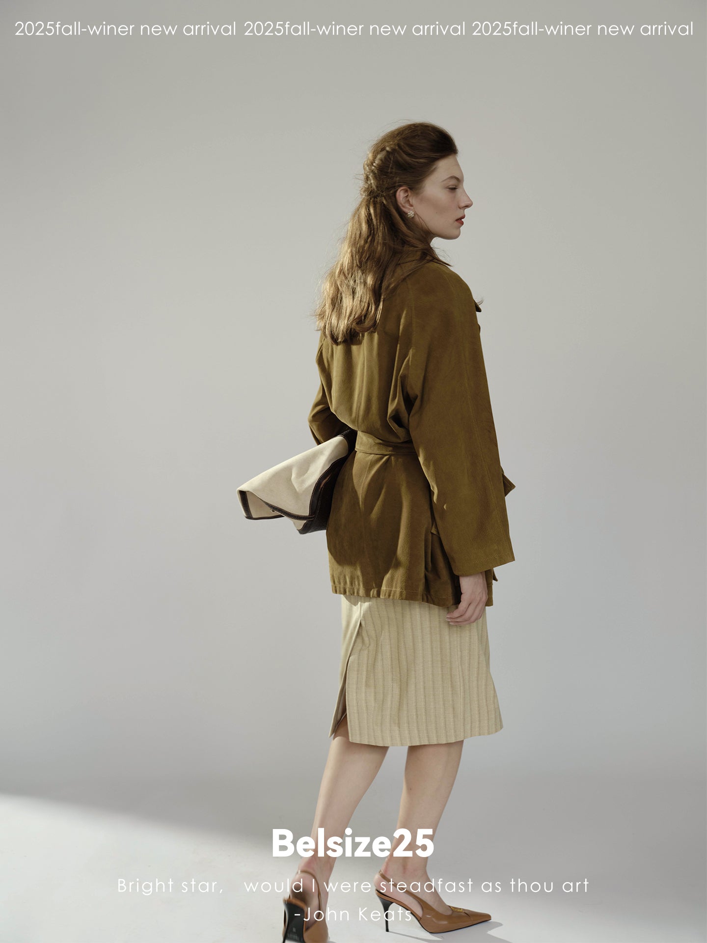 Pure goatskin hunting belted coat, pine cone green with a large lapel, soft and delicate texture.