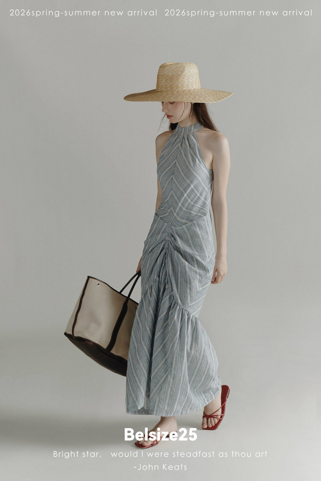 Blue Stripe Halter Neck Ruched Maxi Dress