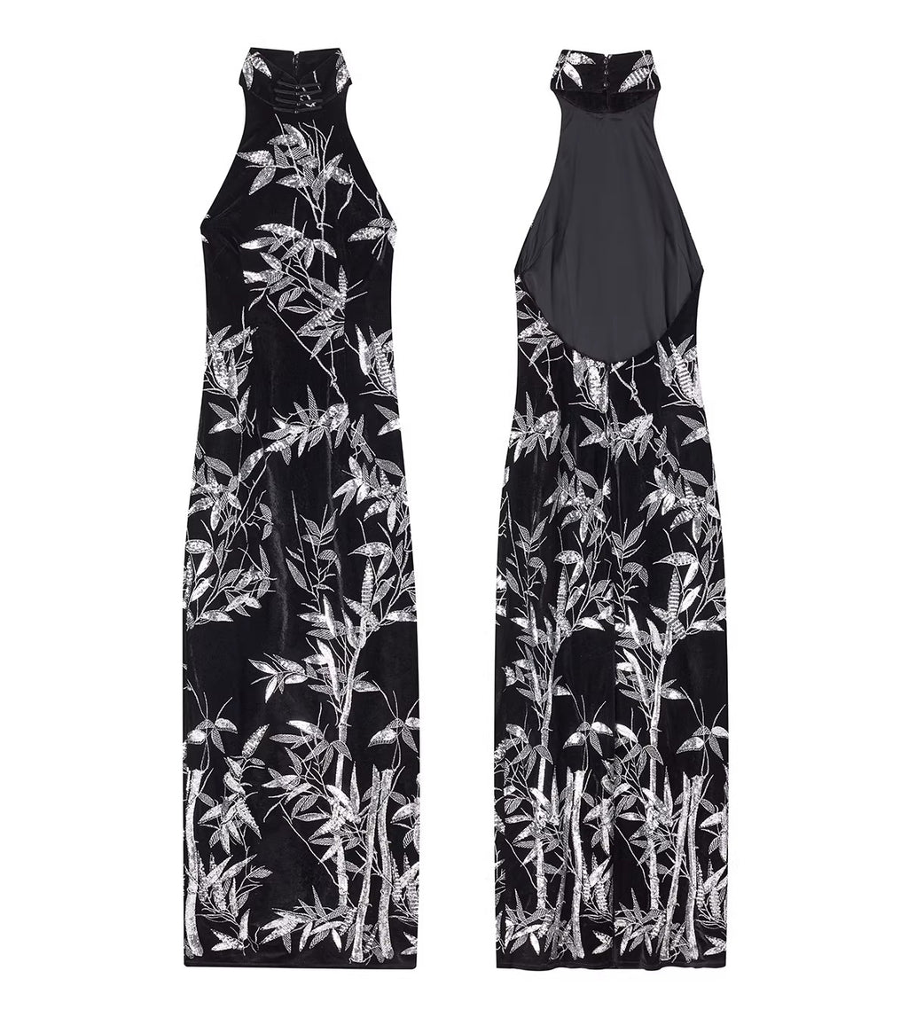 Bamboo dress New Chinese style backless cheongsam dress with bamboo leaf bead embroidery