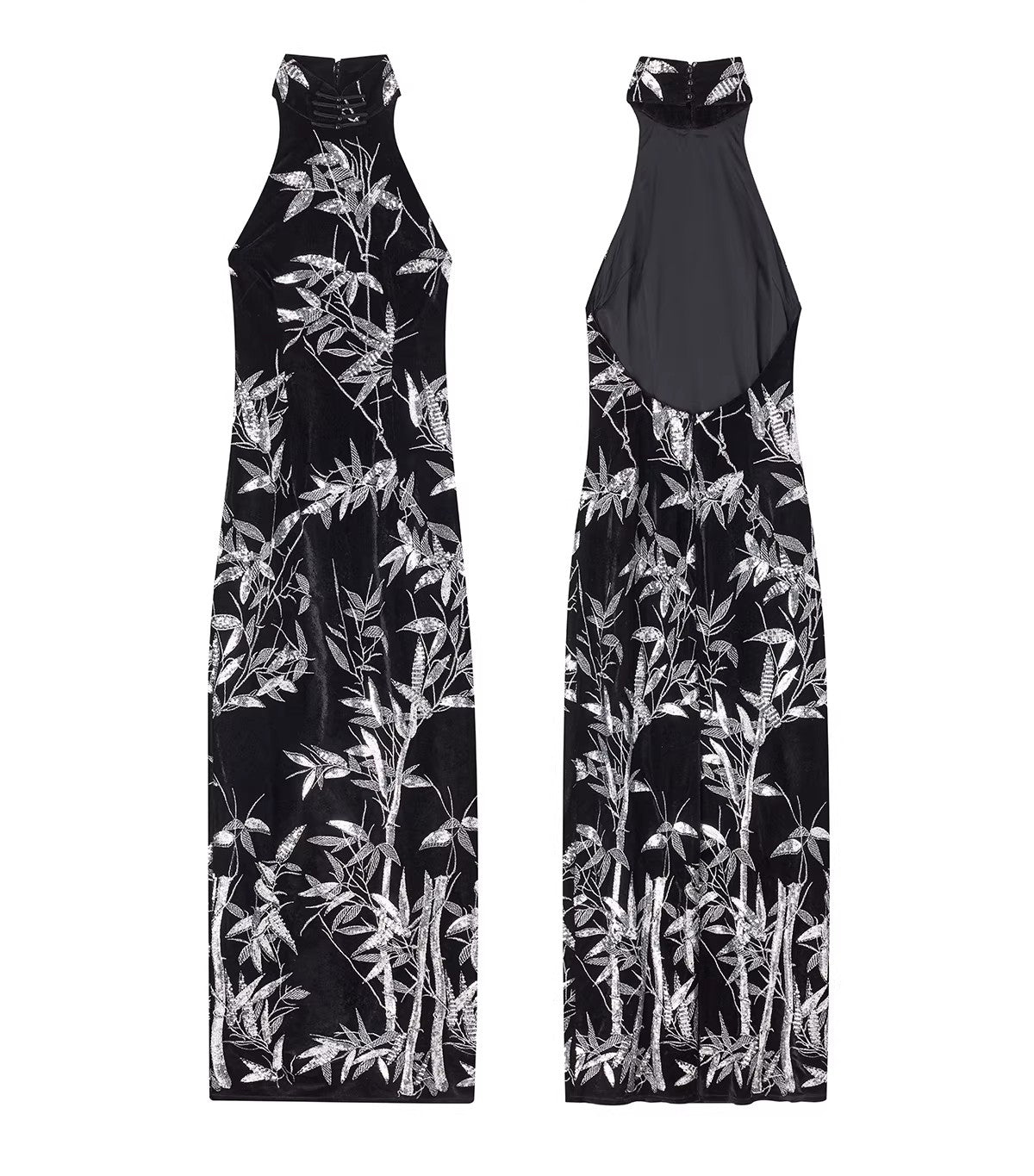 Bamboo dress New Chinese style backless cheongsam dress with bamboo leaf bead embroidery