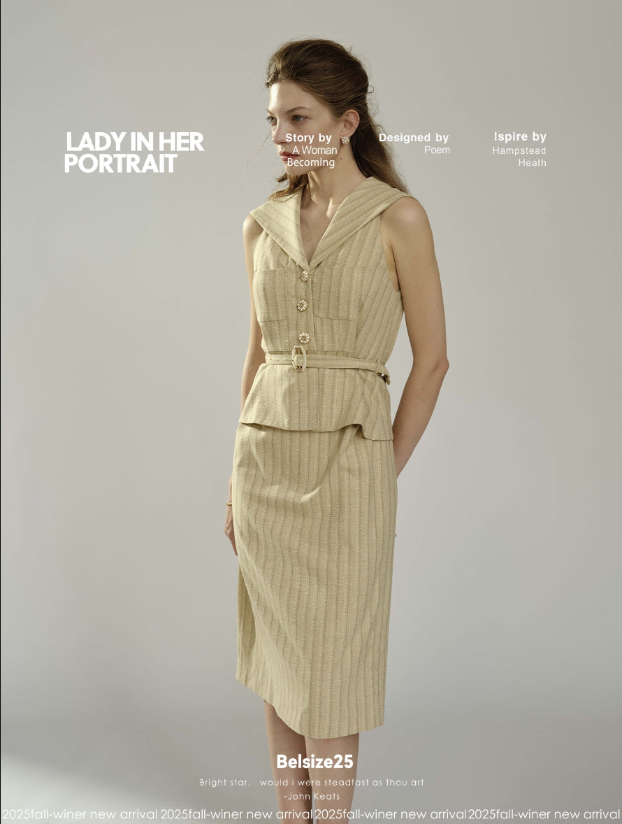 Italian Resort Series Dress with dark stripes, linen color, elegant faux two-piece design, sailor collar