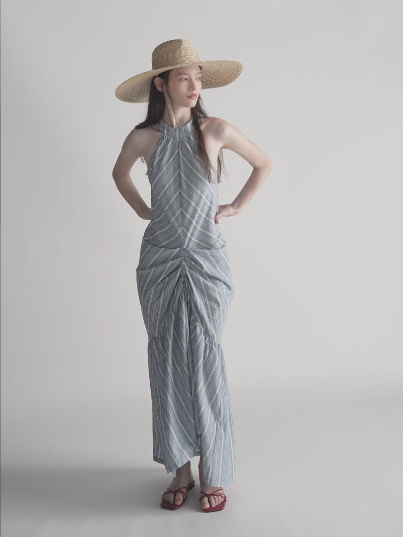 Blue Stripe Halter Neck Ruched Maxi Dress