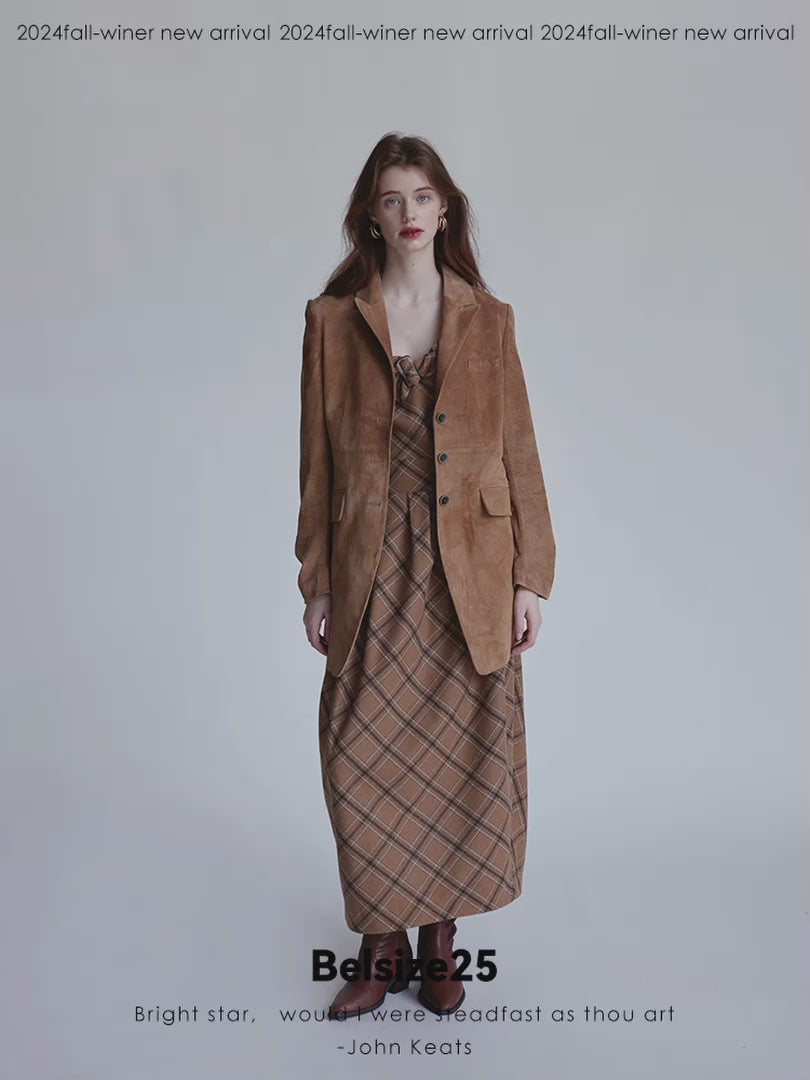 Nuback suit Pigskin suede Maillard lapel H-line mid-length suit jacket