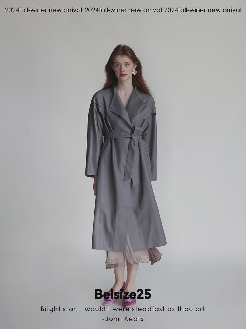 Dove suade Pigeon Grey Sheepskin Stand Collar Single-Button Loose Mid-Length Trench Coat