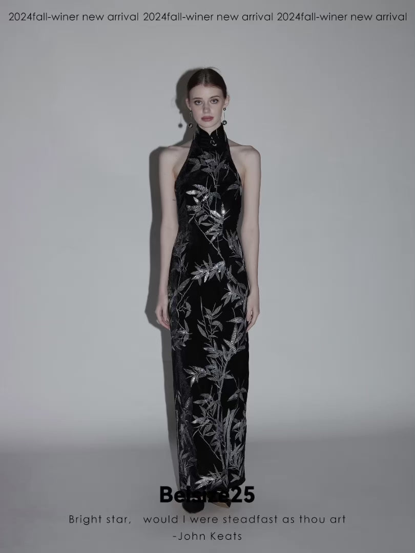 Bamboo dress New Chinese style backless cheongsam dress with bamboo leaf bead embroidery