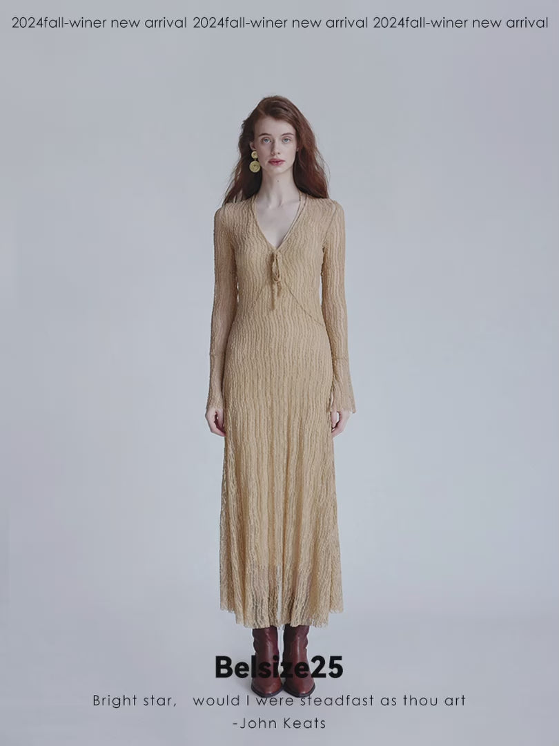 Trumpet dress Flared sleeve knit lace sheer tie dress