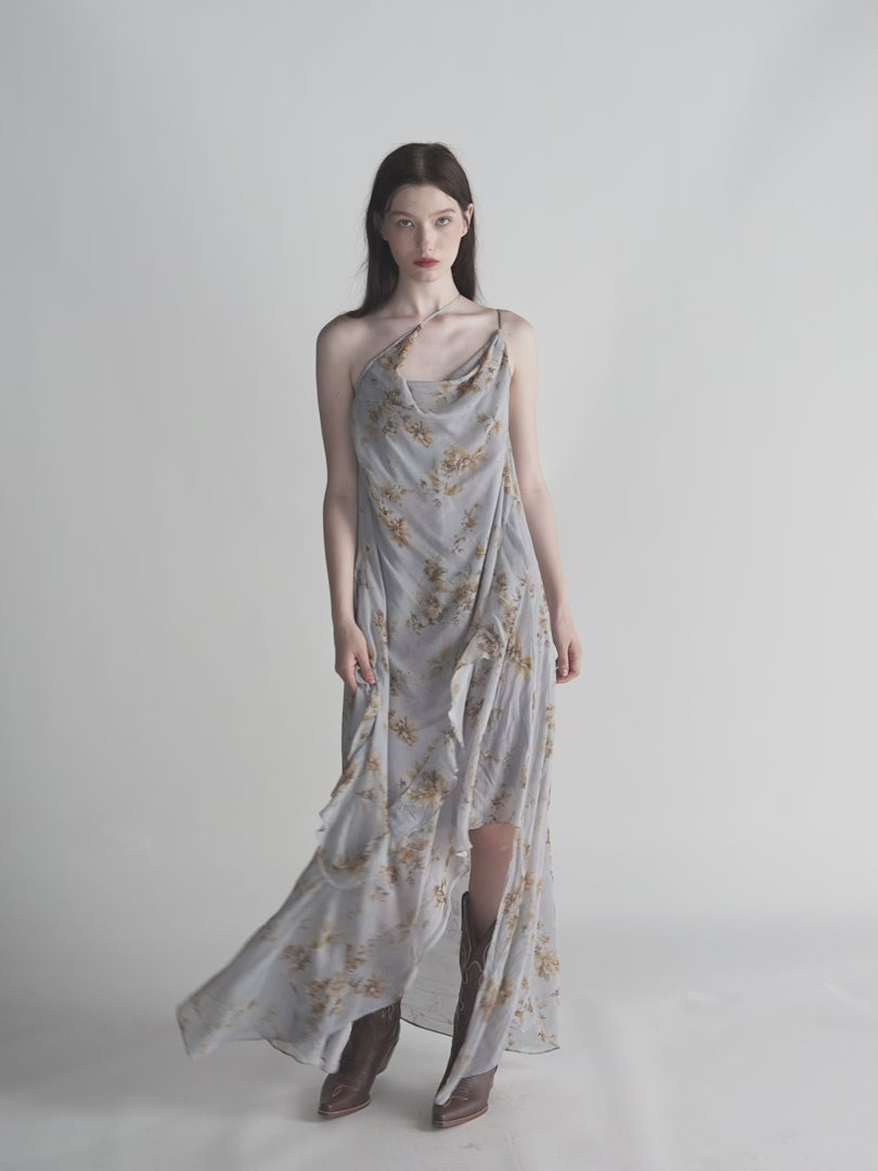 Exclusive Botanical Print Draped Cowl-Neck Halterneck Viscose Maxi Dress