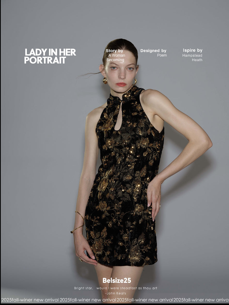 Golden garden Velvet beaded floral black and gold off-shoulder short cheongsam dress, retro heiress style.