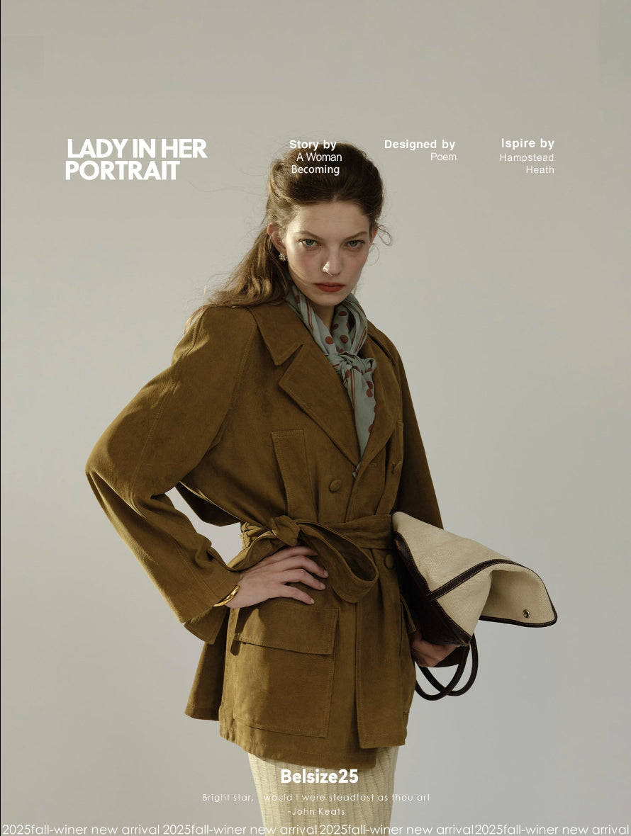 Pure goatskin hunting belted coat, pine cone green with a large lapel, soft and delicate texture.