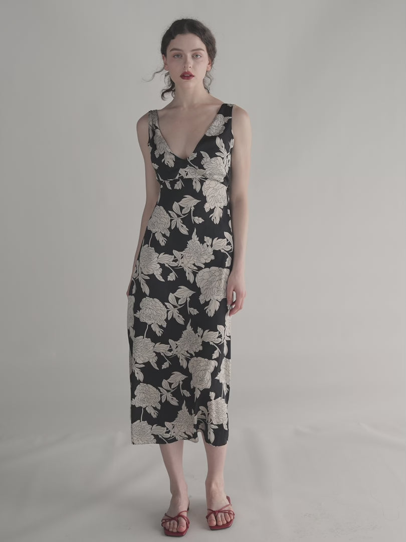 Black & Cream Floral V-Neck Midi Dress