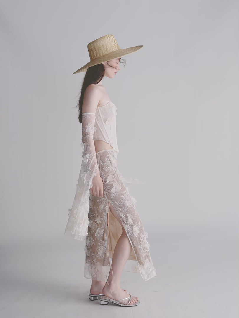 Floral Lace Corset & Sheer Midi Skirt Set with Detachable Sleeves