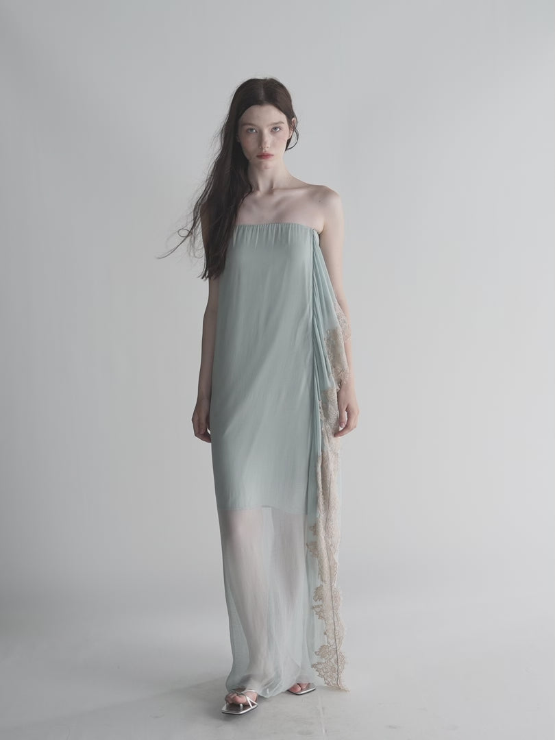Moonlight Dress – Misty Blue Asymmetric Lace Trim Bandeau Dress with Ribbon Detail